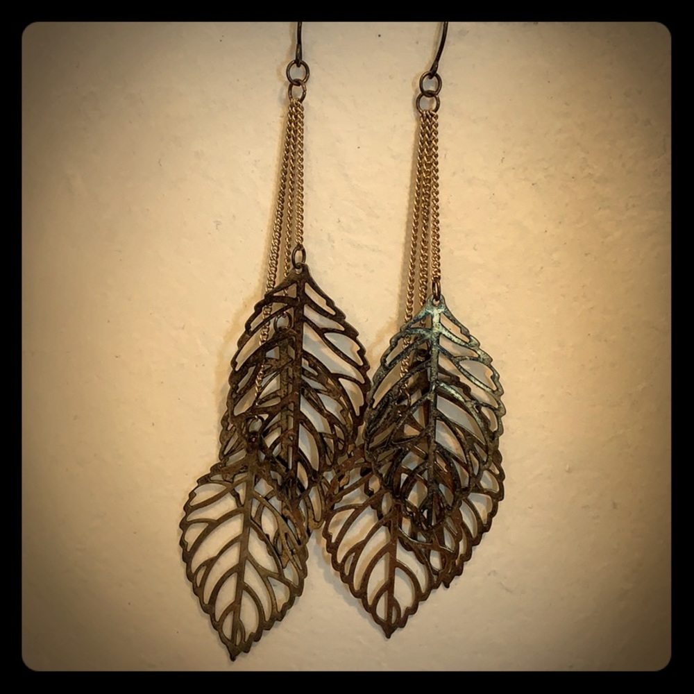 Gold rustic dangling leaf earrings